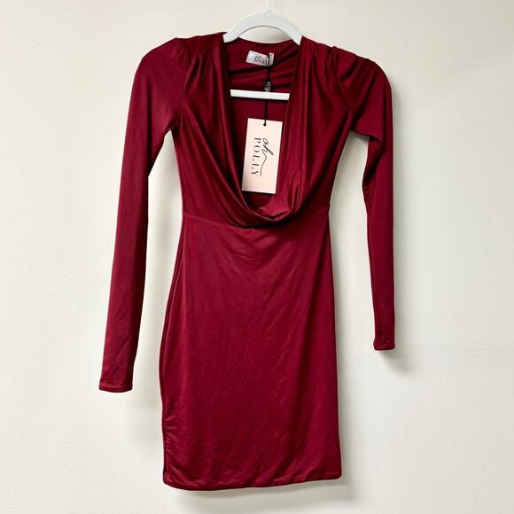 NWT Oh Polly Oakley Jersey Long Sleeve Plunge Neck Bodycon Mini Dress Ruby Sz 0 - Picture 2 of 6